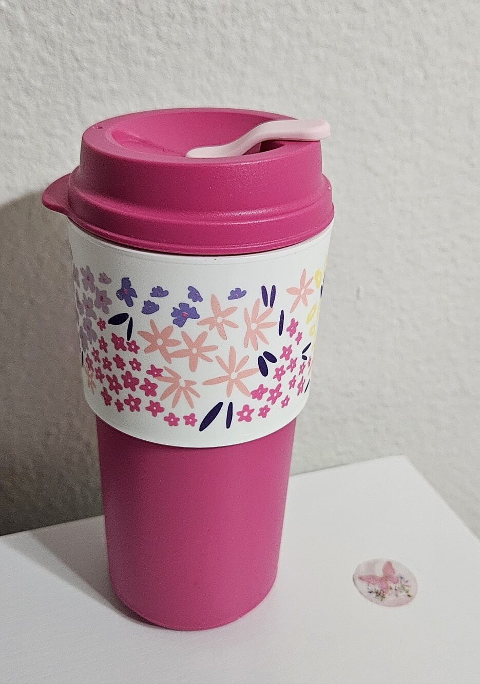 Tupperware Pink Floral Travel Mug